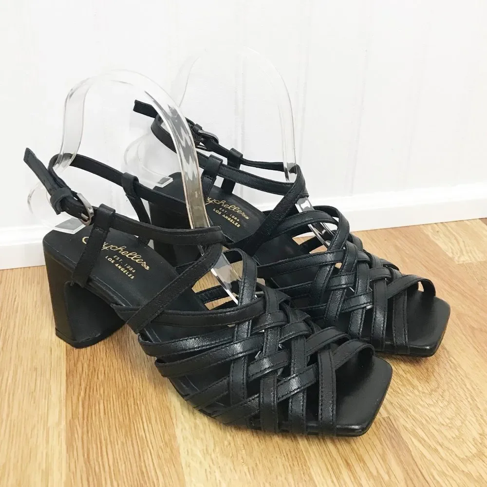 New SEYCHELLES‎ Braided Black Leather Chunky Heel Sandal Strappy Woven Size 6